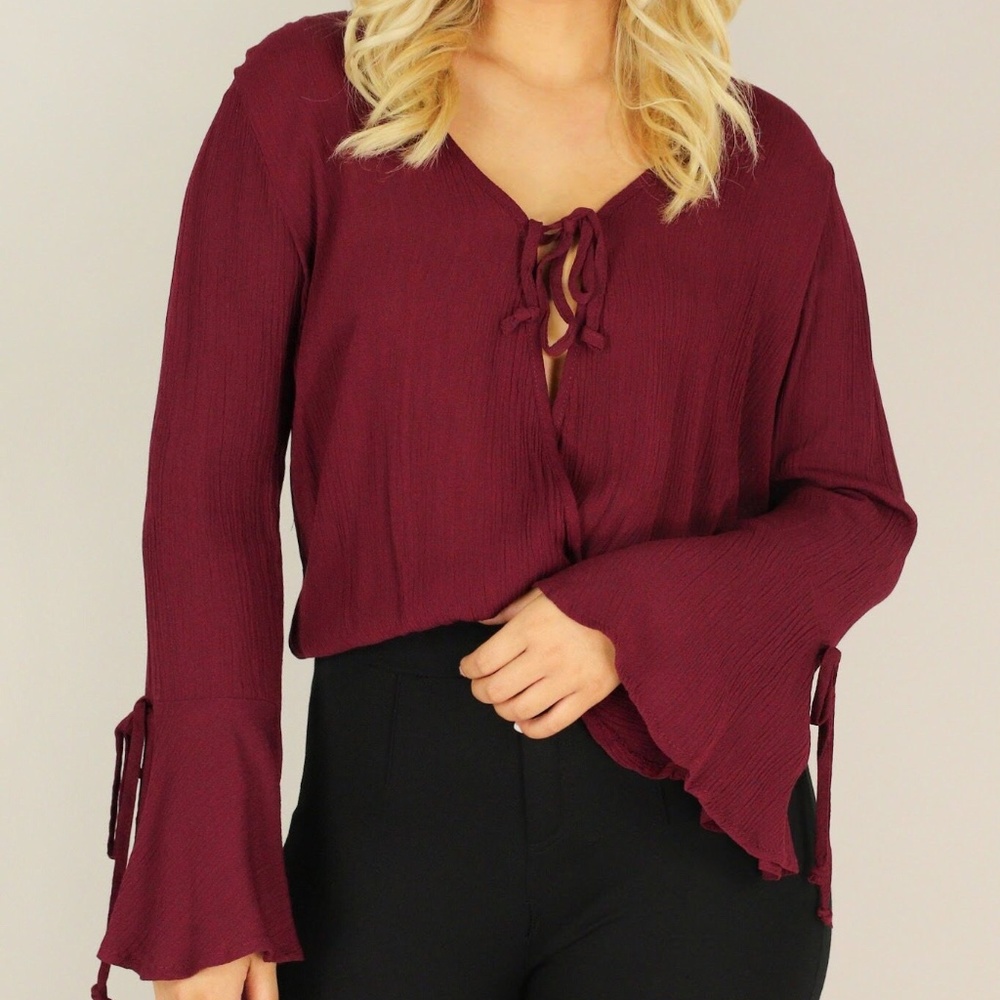 Burgundy Tie Front Bell Sleeve Top